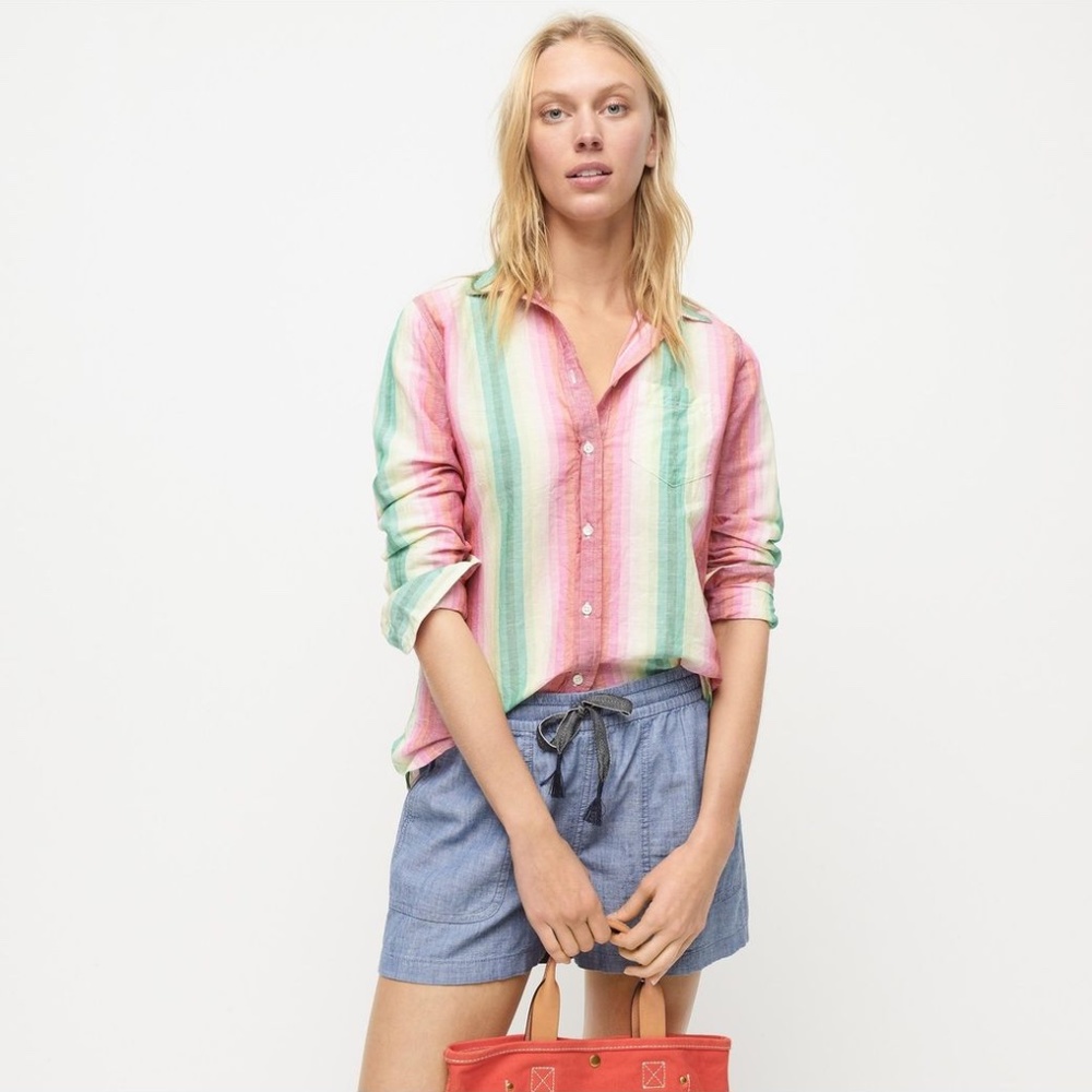 ✨NWT✨ J.CREW Linen Cotton Classic Fit Button Down Boy Shirt Rainbow Stripe US 6